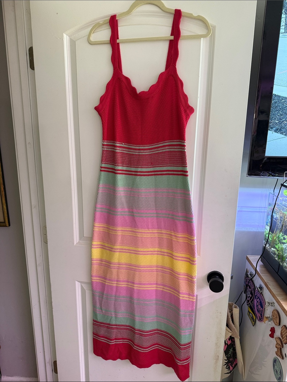 Madden Girl XL- Women's Scallop Neck Knit Maxi Dress - Red & Multicolor Stripes